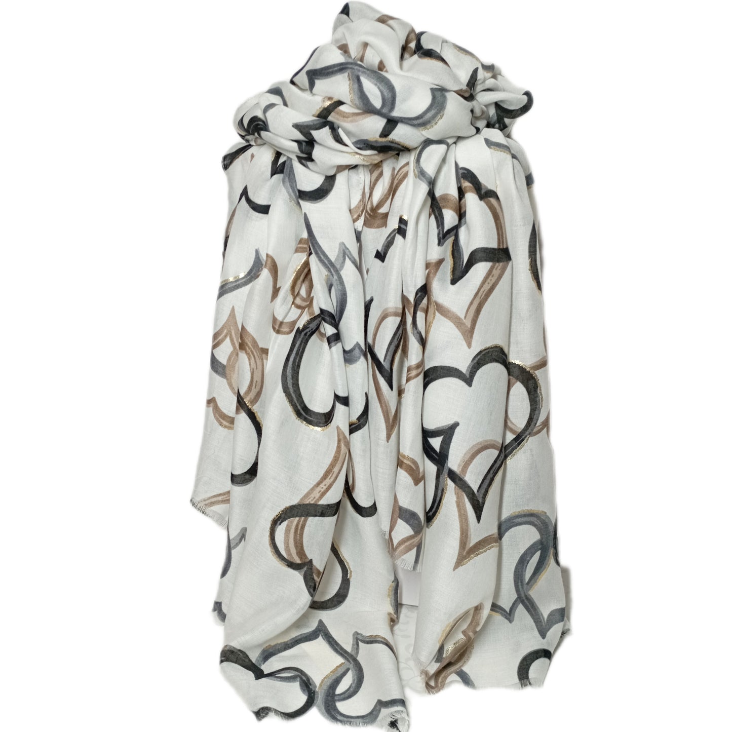 Übergangsschal "Herzen" weiß mit schwarz, beige und Goldapplikation