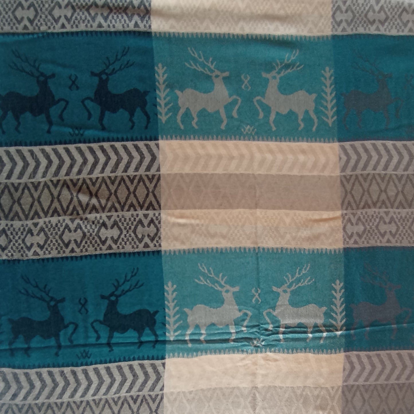 Weihnachtsschal , Pashmina "Rentier" petrol, grau und natur