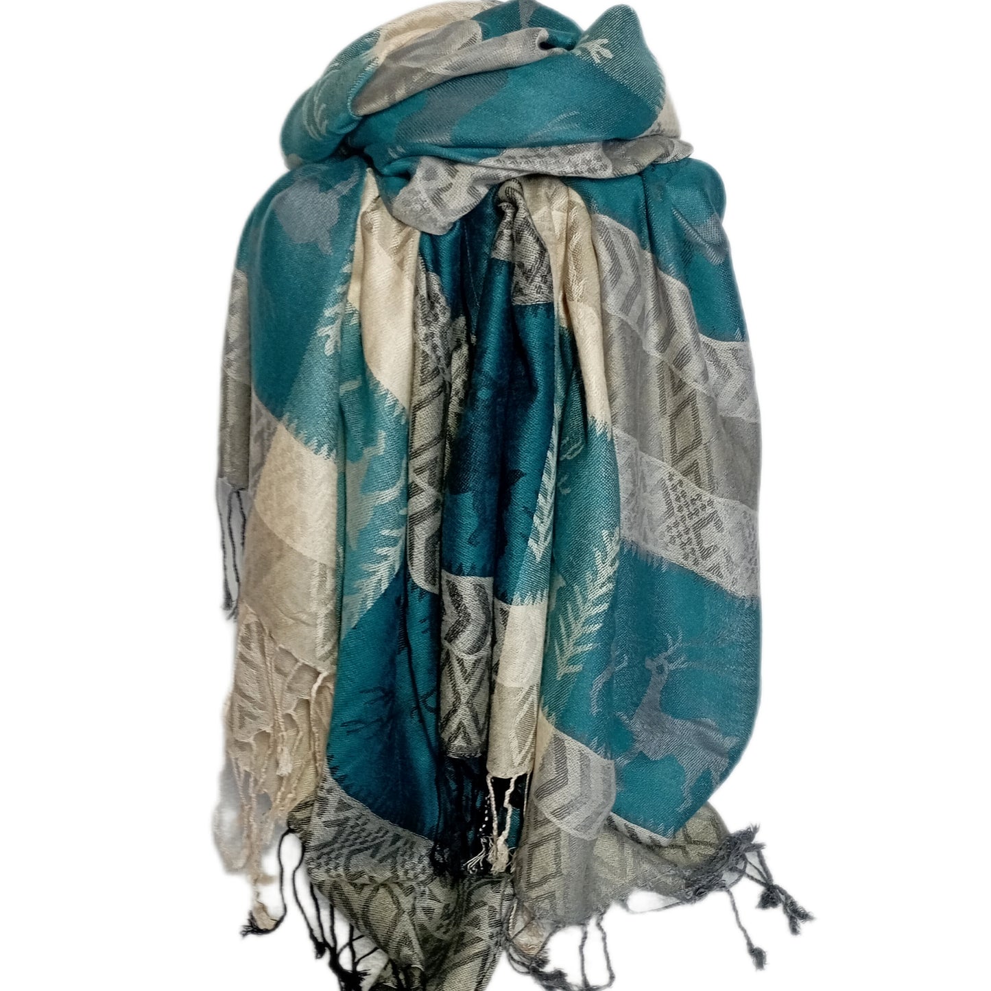Weihnachtsschal , Pashmina "Rentier" petrol, grau und natur