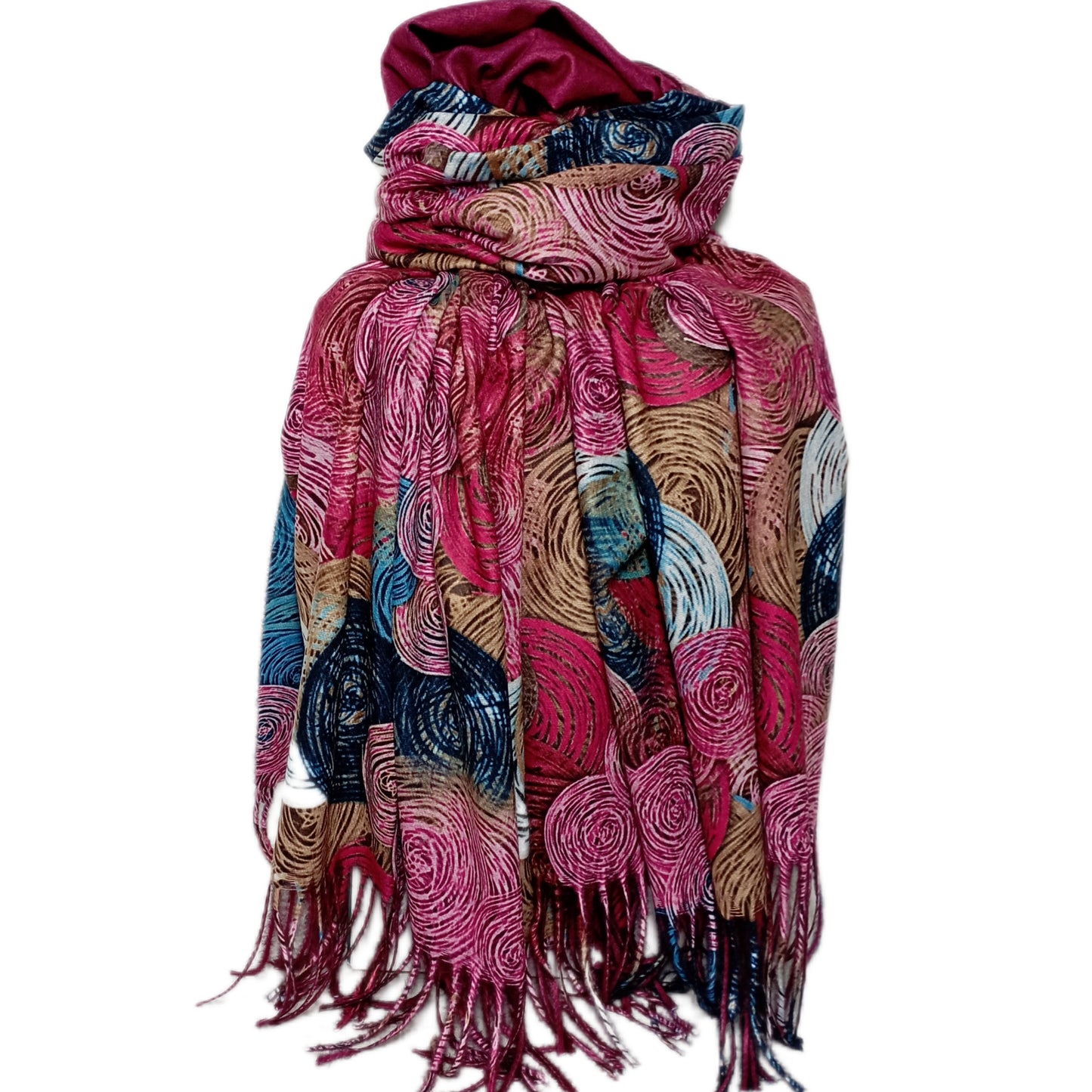 warmer Winterschal "Kringel" in beere, rosa, blau und beige