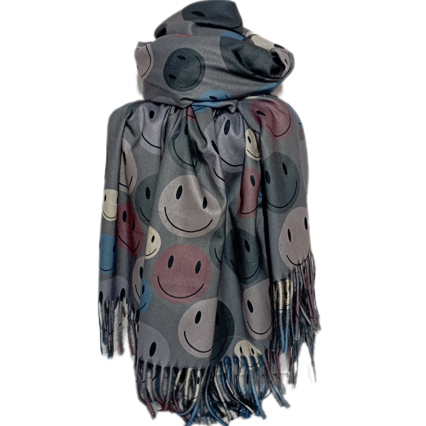 warmer Winterschal "Smiley" in grau, blau, beige und rosé