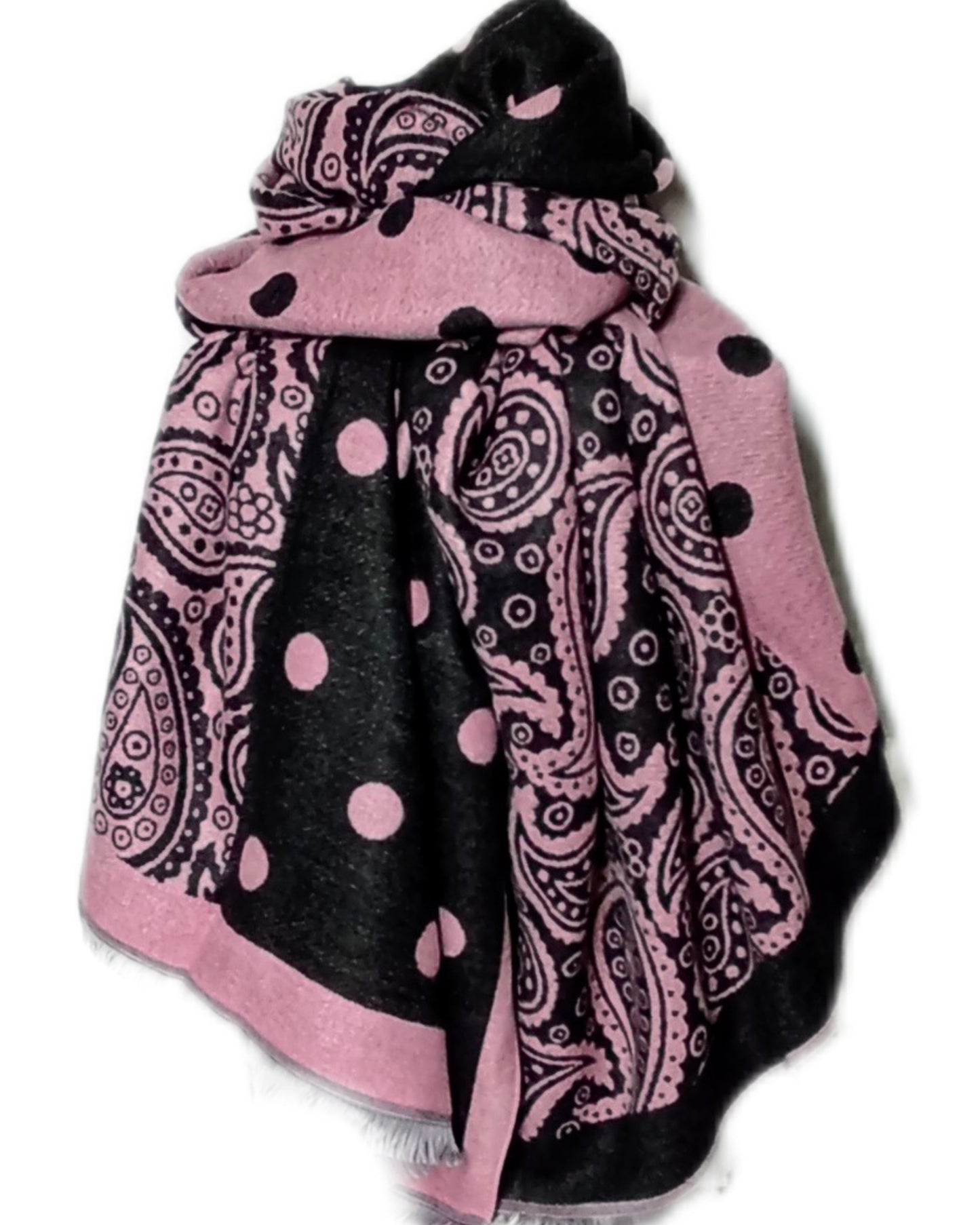 Kuscheliger Winterschal mit Kaschmir "Paisley und Punkte" in rosa-schwarz, mit Mini-Fransen (Designed in Italy)