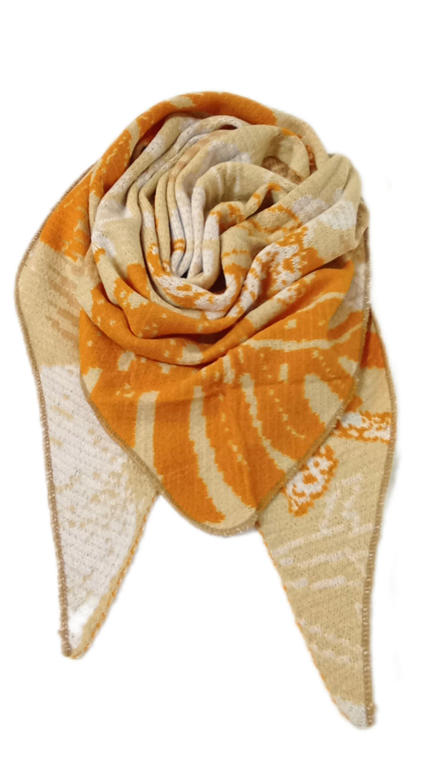 Dünnerer, aber warmer Dreieck-Schal mit Wolle "Bunt" in orange, beige und weiß