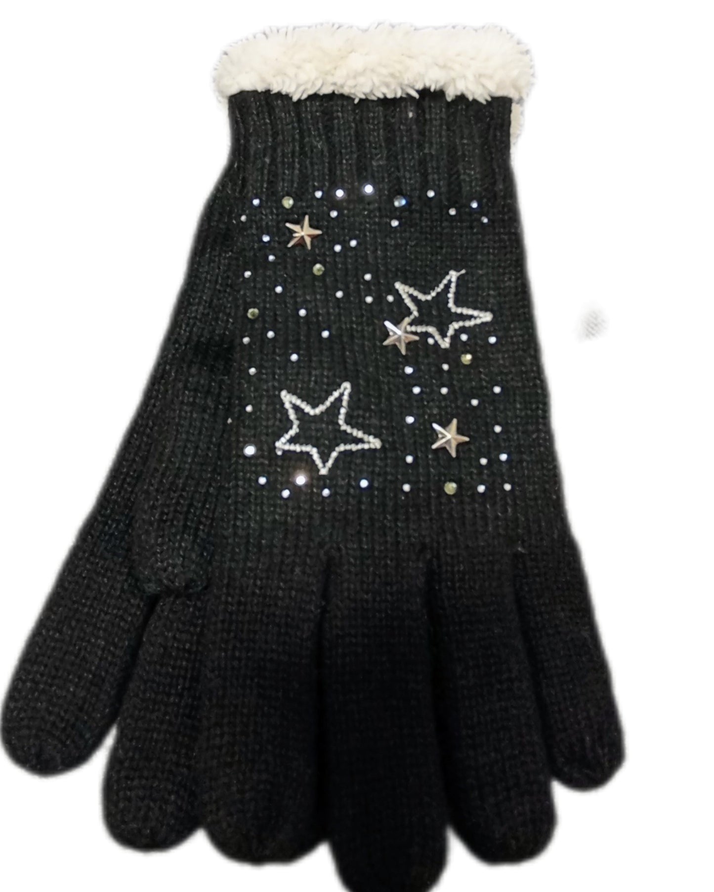 gefütterte Handschuhe mit Zopfmuster in schwarz mit Sternchen