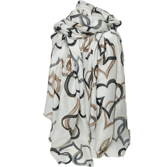 Übergangsschal "Herzen" weiß mit schwarz, beige und Goldapplikation