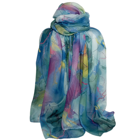 toller Sommerschal in blau, pink und Goldapplikationen
