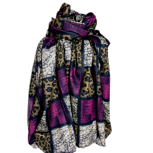 Winterschal "bunter Leo-Mix" in braun, beige, fuchsia und schwarz