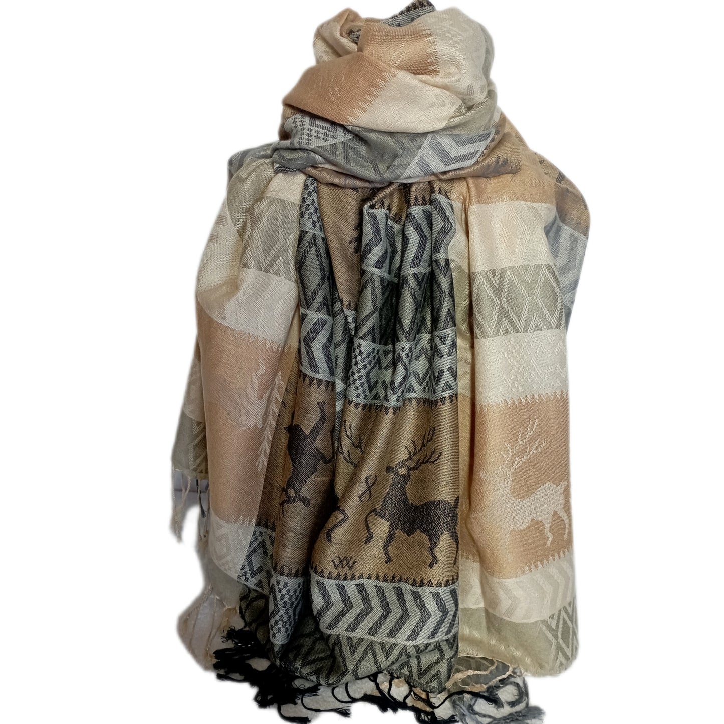 Weihnachtsschal , Pashmina "Rentier" beige, grau und natur