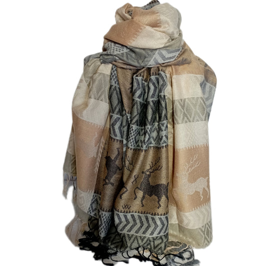 Weihnachtsschal , Pashmina "Rentier" beige, grau und natur