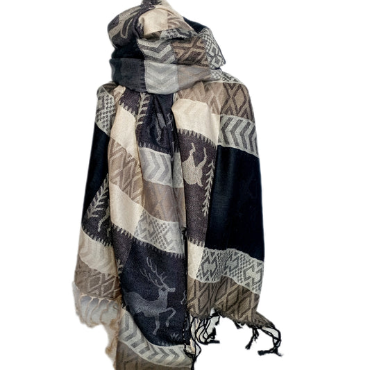 Weihnachtsschal , Pashmina "Rentier" schwarz, grau und beige