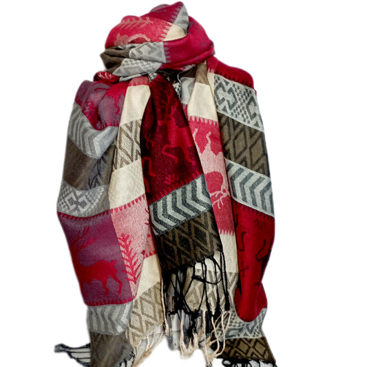Weihnachtsschal , Pashmina "Rentier" rot, grau und beige