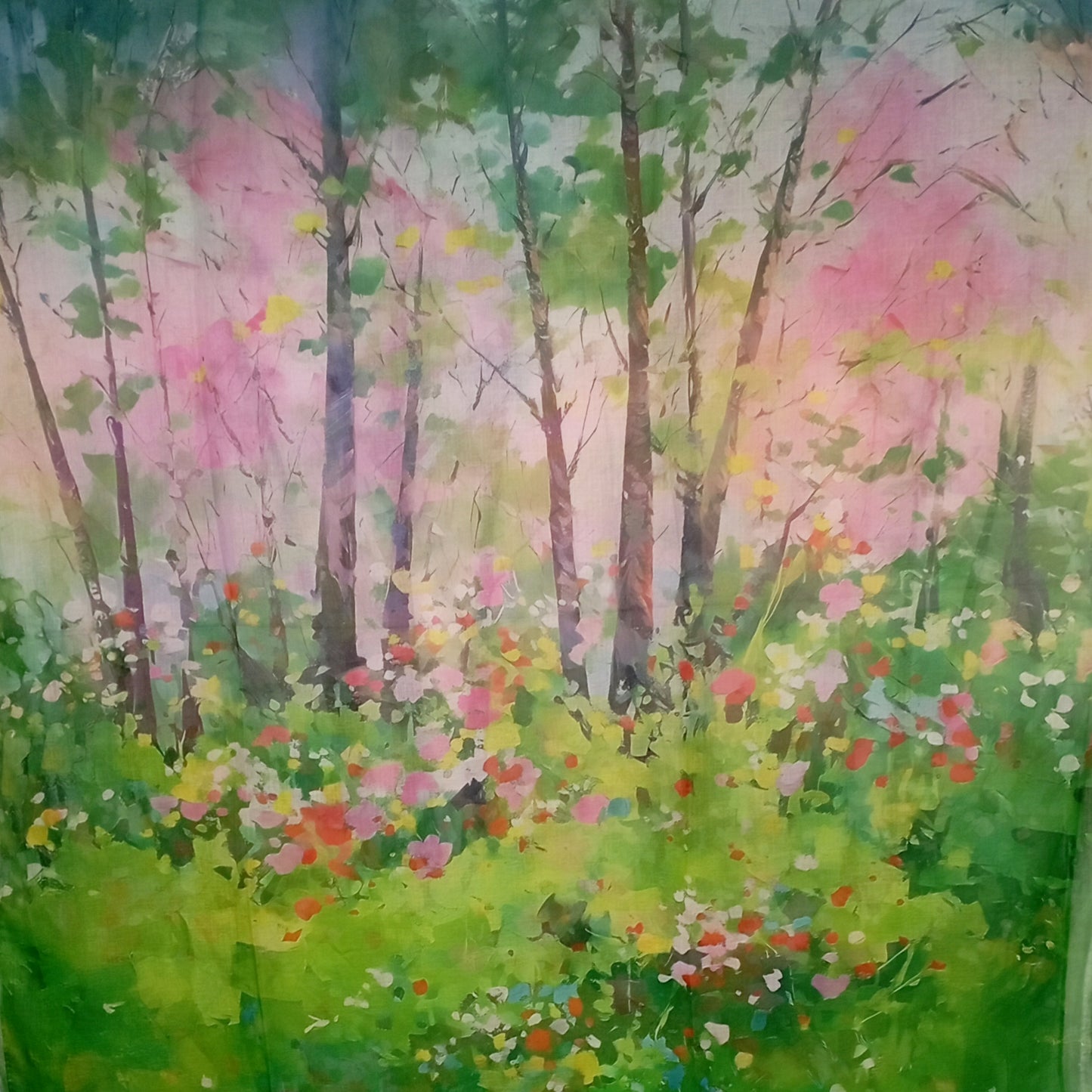 luftiger Sommerschal  "Wald" in grün und rosa