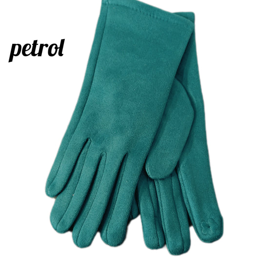 angenehme, leicht gefütterte Handschuhe "Wildlederoptik" in petrol, mit "Handy-Blume"