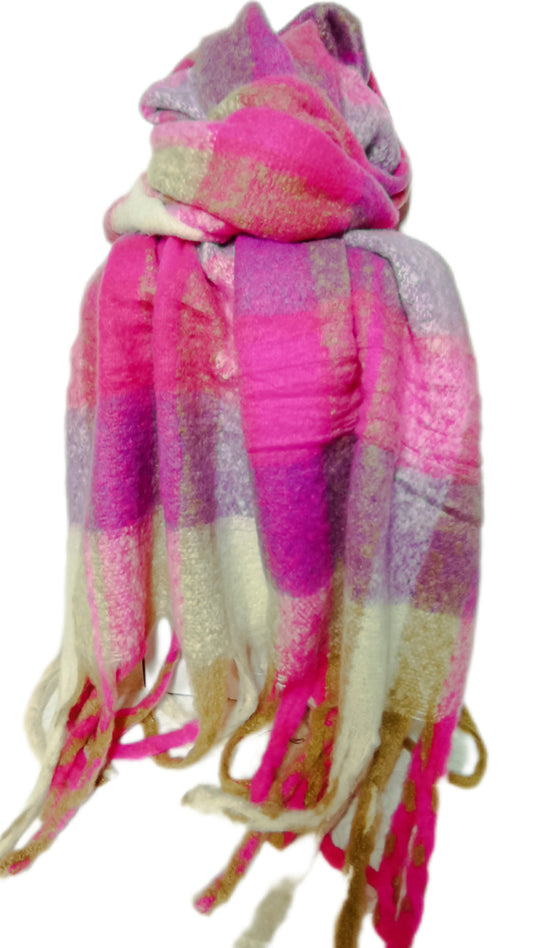 dicker, weicher Winterschal "kariert" in pink, lila, beige und wollweiß, mit Fransen