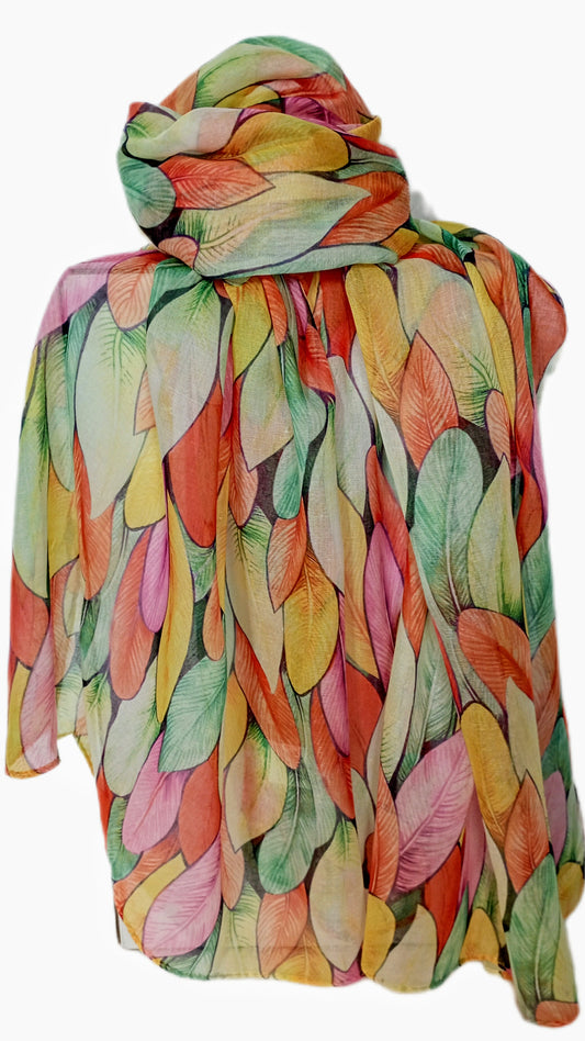 leichter Sommerschal "Blätter" in orange, gelb, pink und grün