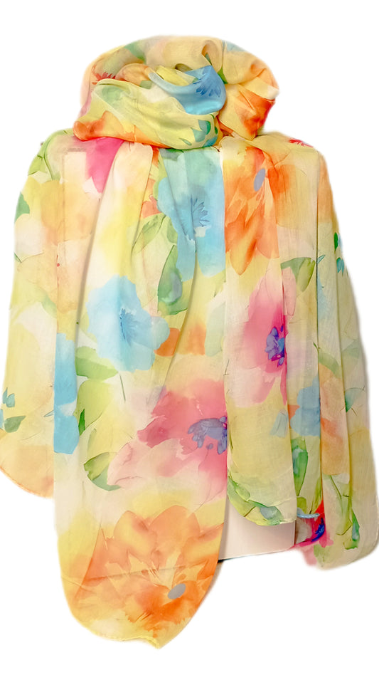 schmaler, leichter Sommerschal "bunte Blumen" in gelb, orange,grün, blau und pink