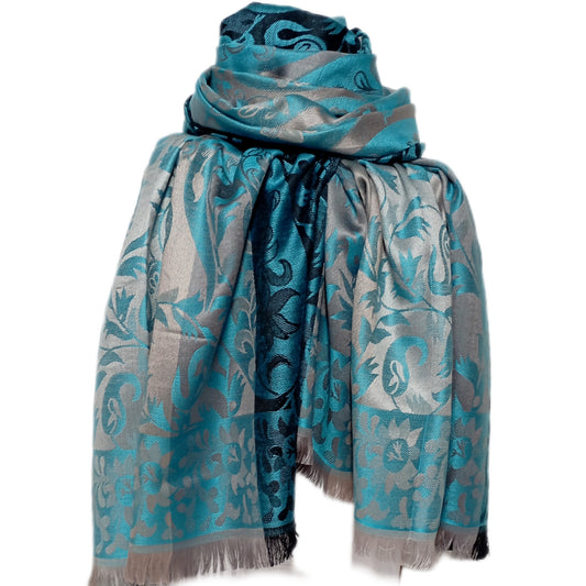 Schicker "Pashminaschal" mit Paisley-Blumen-Muster in türkis, grau (silber) und schwarz