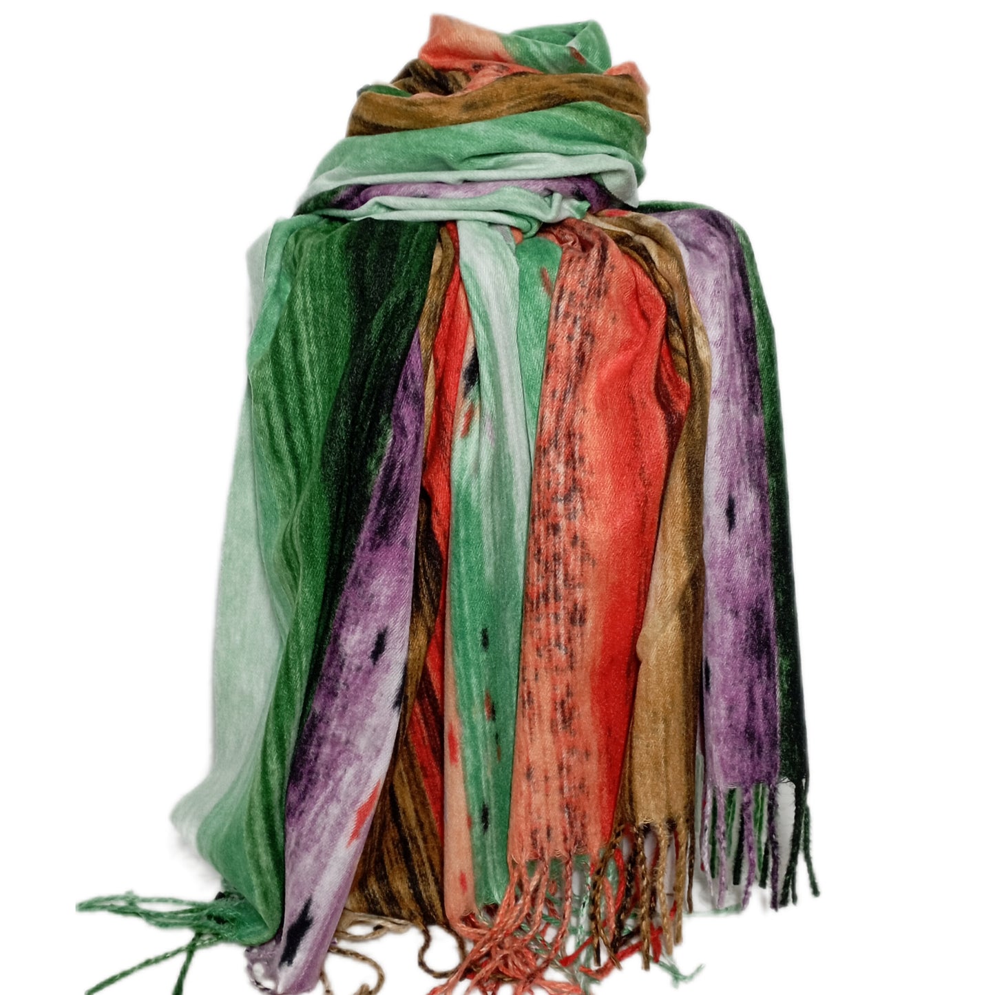 weicher Winterschal in bunt (grün, lila, braun und orange)