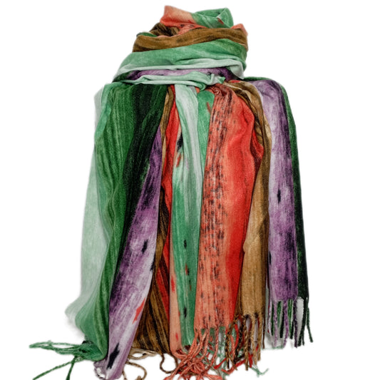 weicher Winterschal in bunt (grün, lila, braun und orange)