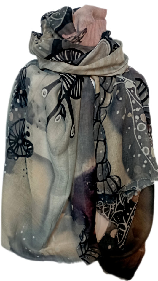 Herbst-/Winterschal "Qualle" in schwarz, rosa, grau und beige