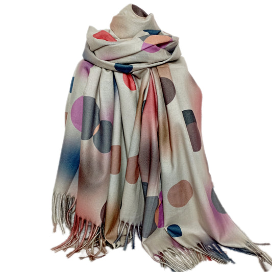 warmer Winterschal "Bunte Punkte" in beige, grau, lila, orange und braun