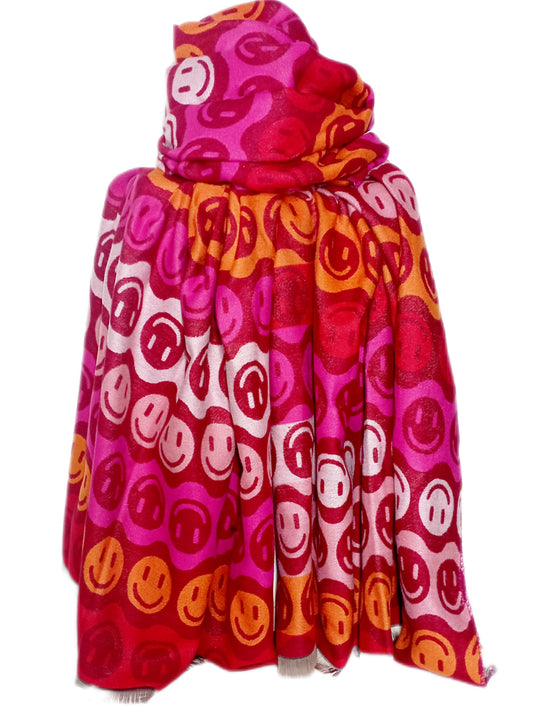 sehr kuscheliger Winterschal "Smiley" in rot, pink, weiß und orange