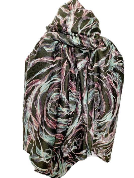 besonderer Herbstschal "Wirbel mit Gold" olivegrün, mint, rosa und gold