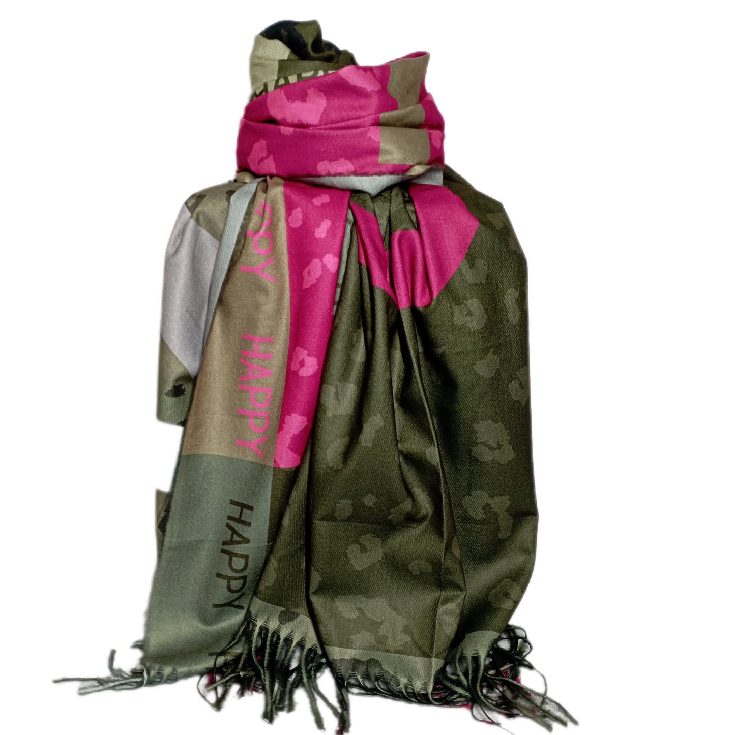 Trendiger, warmer Winterschal "Wild-Happy" in olive und pink