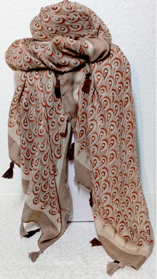 Schal "Tropfen" in beige, schlamm und orange mit Bommeln