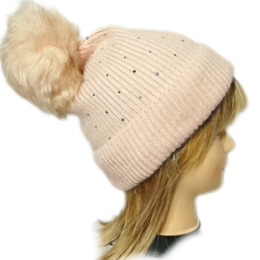 Tolle, gefütterte Bommel-Mütze mit doppeltem Rand und Glitzerelementen in rosa