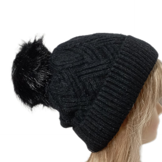 schöne gefütterte Bommel-Mütze mit doppeltem Rand und Angora in schwarz