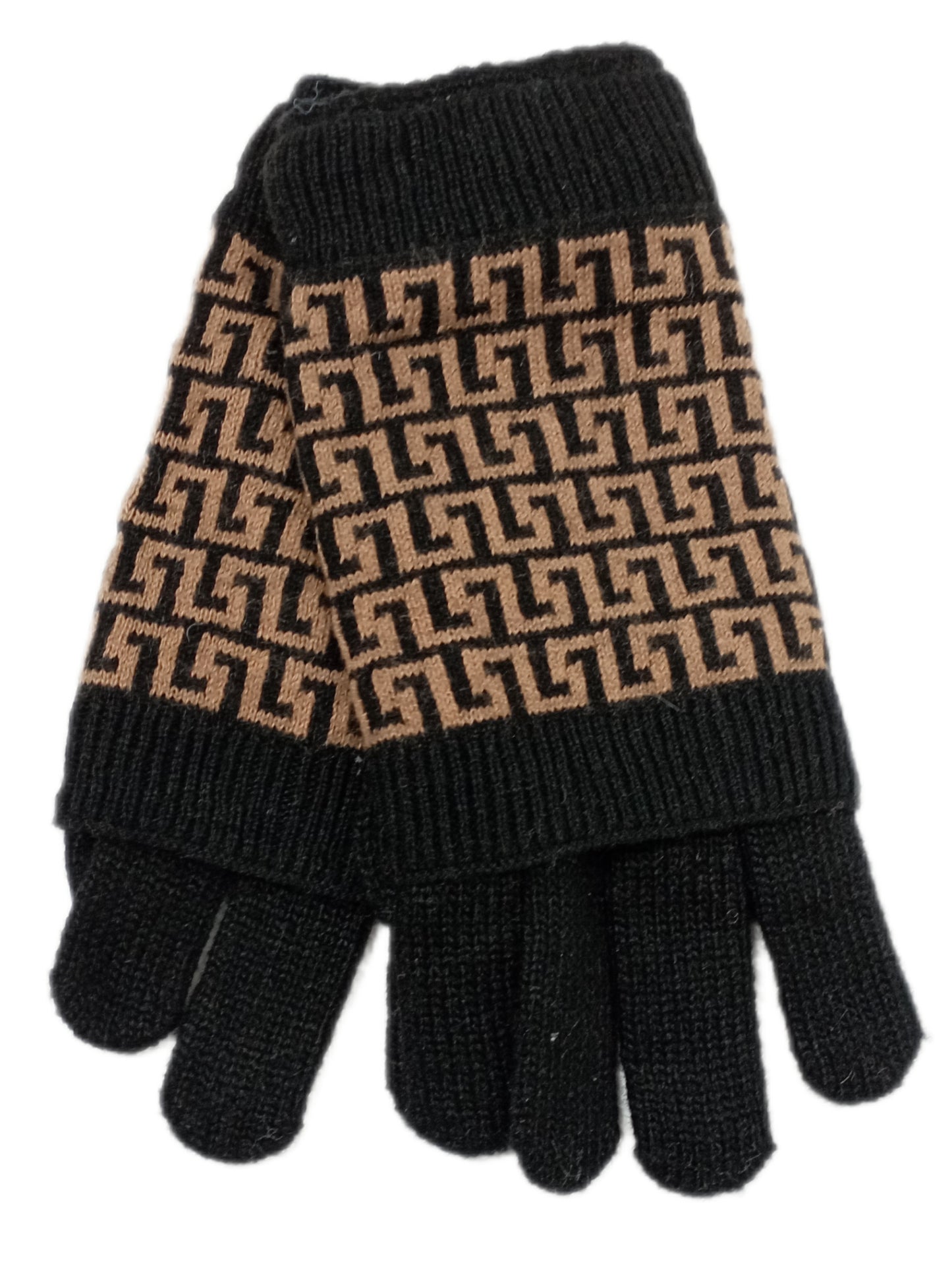 Warme, weiche Stulpen-Handschuhe mit modernem Muster in schwarz mit braun