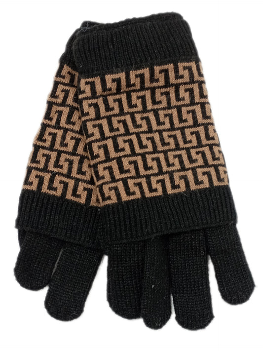 Warme, weiche Stulpen-Handschuhe mit modernem Muster in schwarz mit braun