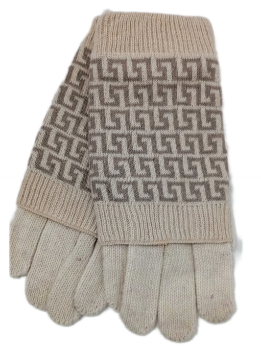 Warme, weiche Stulpen-Handschuhe mit modernem Muster in beige mit braun