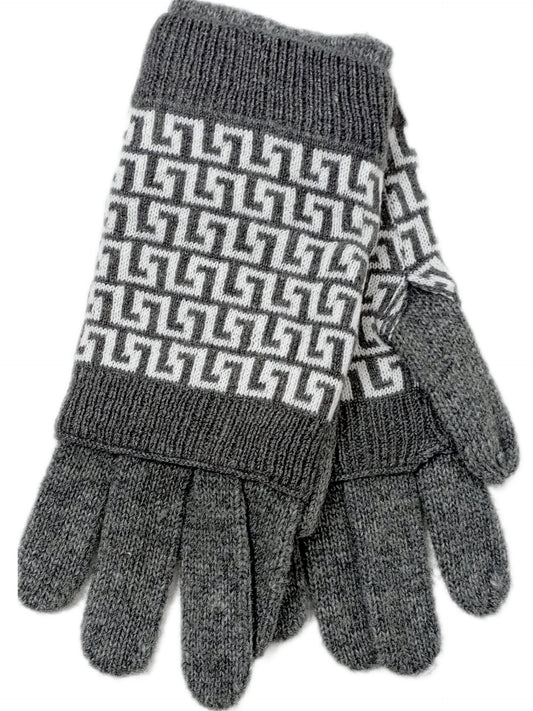 Warme, weiche Stulpen-Handschuhe mit modernem Muster in grau mit natur