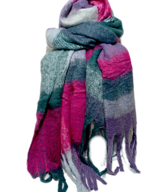 dicker, weicher Winterschal "große Quadrate" in petrol, pink, fuchsia, lila und weiß, mit Fransen
