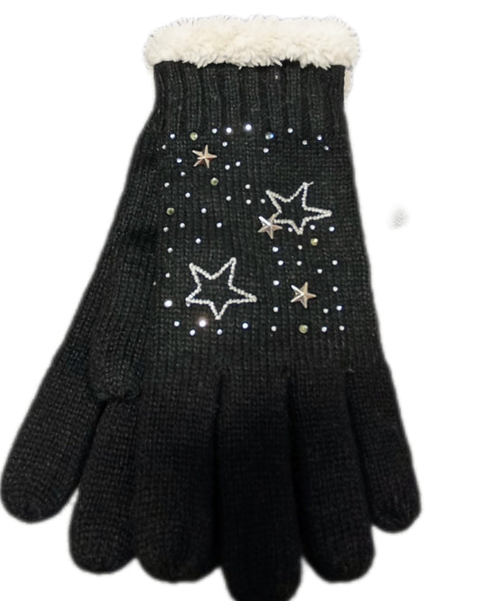 gefütterte Handschuhe mit Zopfmuster in schwarz mit Sternchen