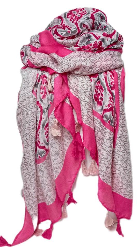 Schal "Mix" mit Bommeln, in pink, grau und weiß