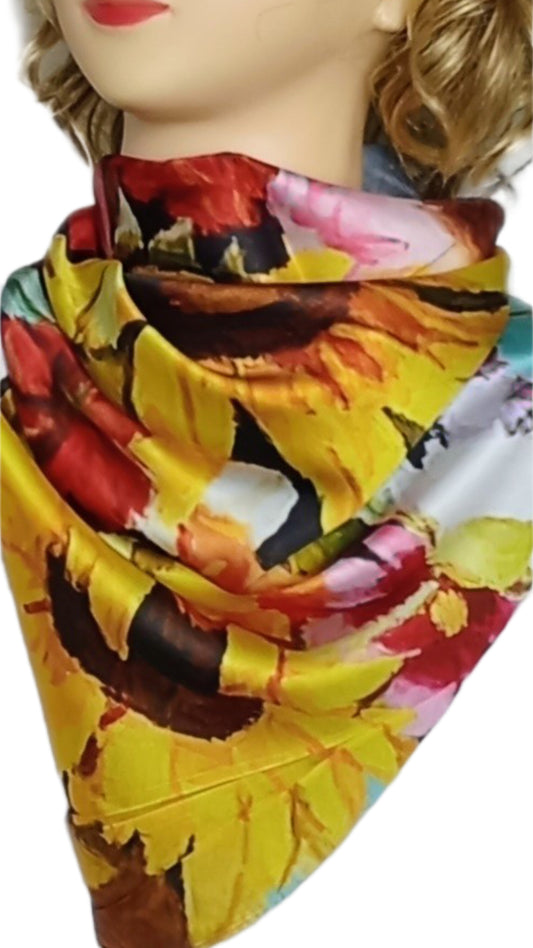 Sommer-3-Eck-Schal "Blumenhut" in gelb, rot, weiß und blau, Designed in Italy
